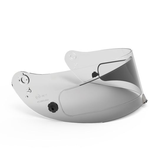 Transparent anti-fog visor insert designed for clear and dark visors, featuring a sleek, curved shape with adjustable mounting points for secure attachment.