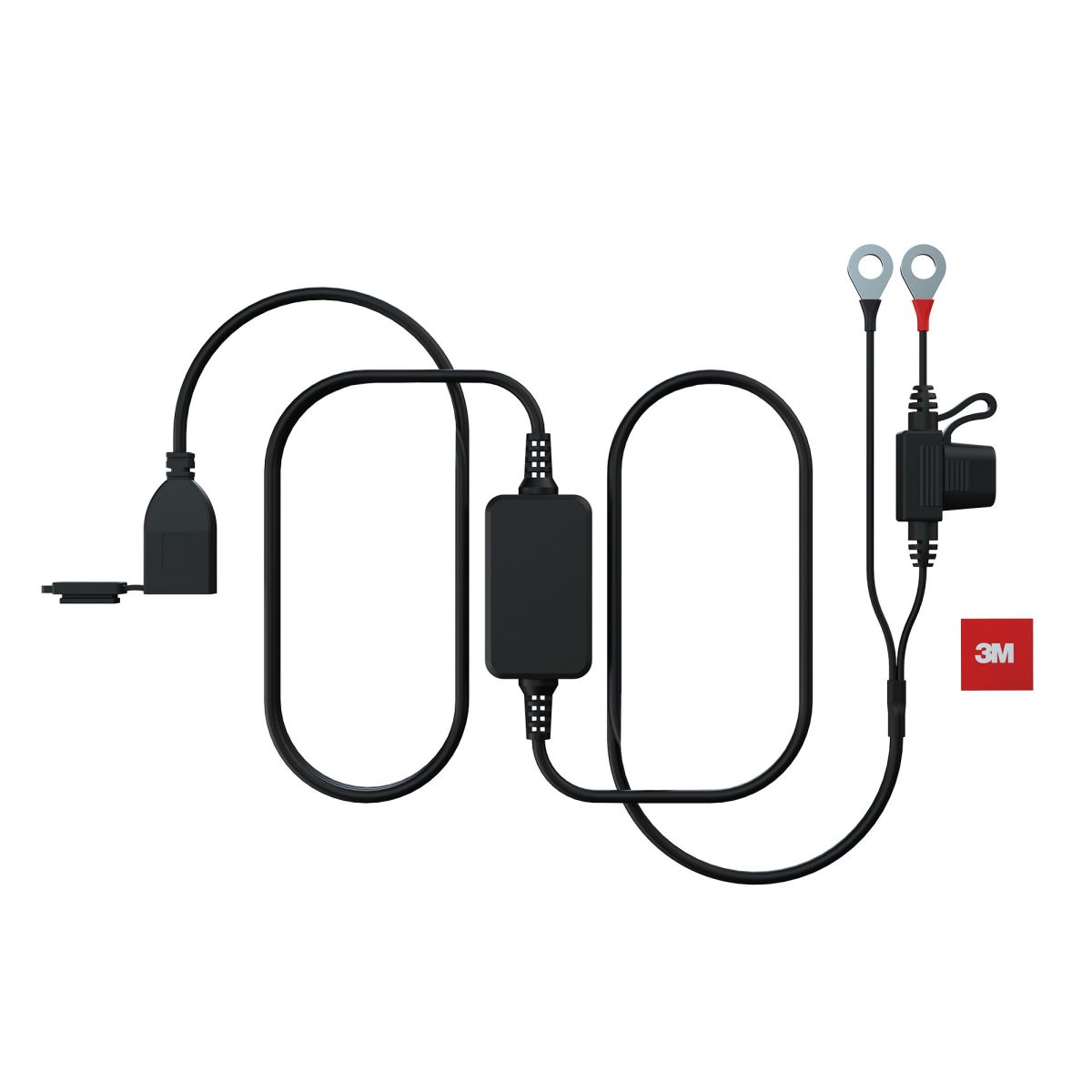 Black OXFORD EL116 car mobile phone charger with a 5V output, featuring a rectangular connector, a long cable, and ring terminals for easy installation.