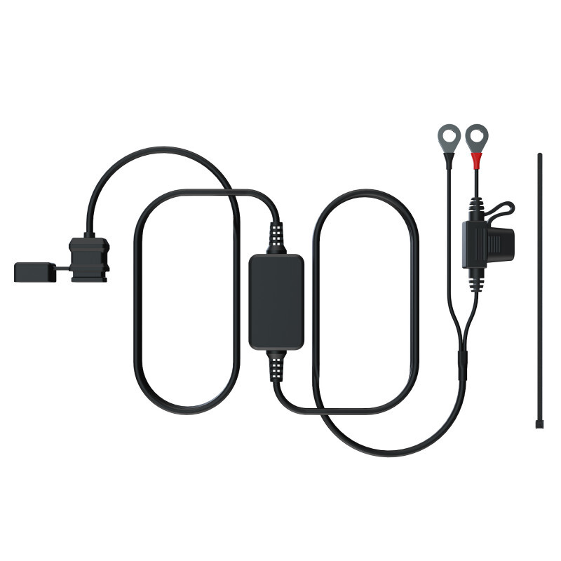 Black OXFORD EL117 car mobile phone charger with a 12V connection, featuring a durable cable, inline fuse, and ring terminals for secure attachment.