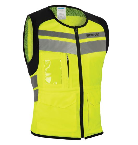 Bright fluorescent yellow hi-vis vest with black accents, featuring reflective stripes, zip closure, and multiple pockets, designed for safety and visibility in utility work.