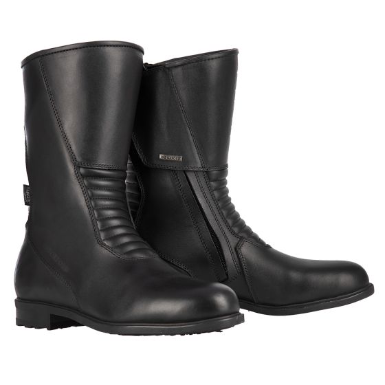 Black leather motorcycle boots with a sleek design, featuring a side zipper, ribbed detailing on the shaft, and a sturdy rubber sole, size UK 8 (41 EU).