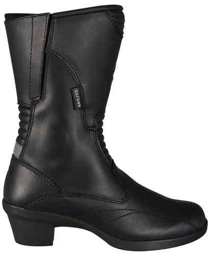 Black leather motorcycle boots with a sleek design, featuring a low heel, elastic side panels, and subtle stitching details, size 40 (UK 7) by Oxford.
