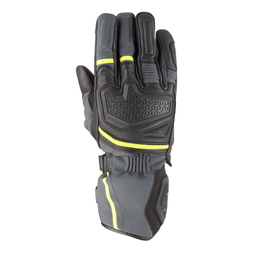 Black and green leather and textile gloves with yellow accents, featuring a textured grip, reinforced knuckles, and an adjustable wrist strap for a secure fit.
