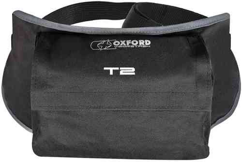 Black Oxford Visorstash T2 Deluxe visor carrier features a durable fabric, adjustable strap, and a front pocket for storage, designed for easy visor transport.