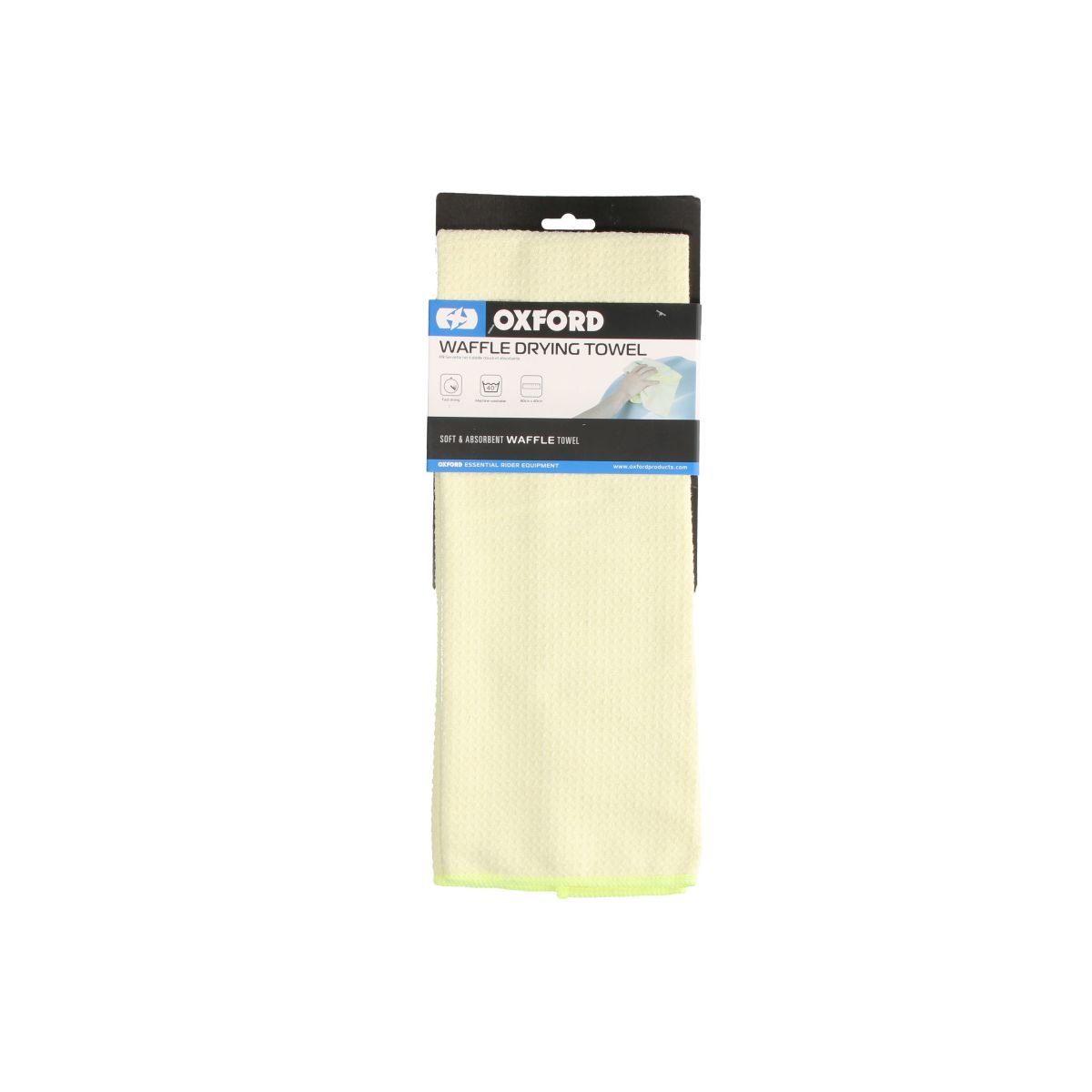 Light yellow Oxford Waffle Drying Towel with a textured waffle pattern, packaged with a black and blue label featuring product details and care instructions.