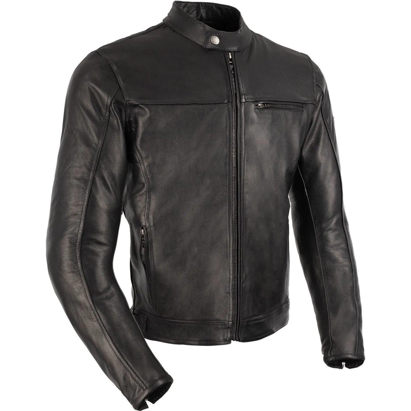 Black leather motorcycle jacket featuring a sleek design, zippered front, and a mandarin collar, designed for a comfortable fit in size 4XL.