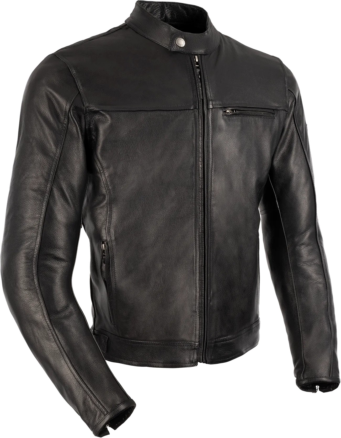 Black leather Oxford Walton 2.0 jacket in size XL features a sleek design with a zippered front, snap collar, and a small zippered pocket on the chest.