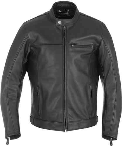 Black leather motorcycle jacket featuring a classic design, a zippered front, a chest pocket, and a stand-up collar, perfect for stylish riding.