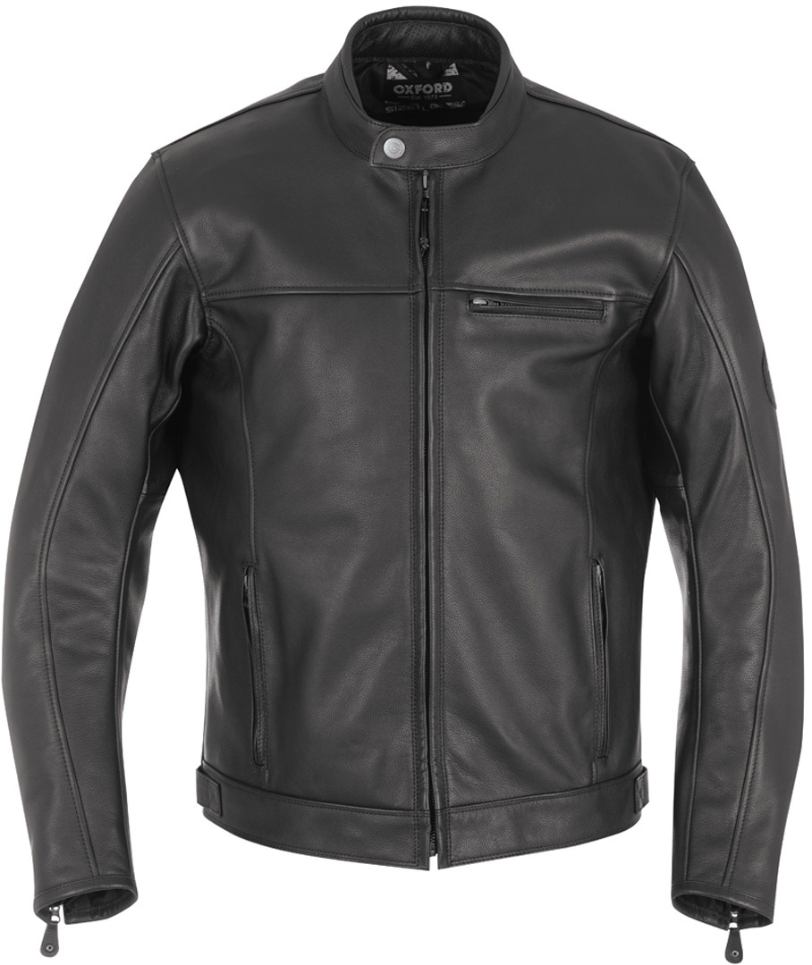 Black leather motorcycle jacket featuring a classic design, zippered front, and a chest pocket, with a smooth finish and a mandarin collar for a sleek look.