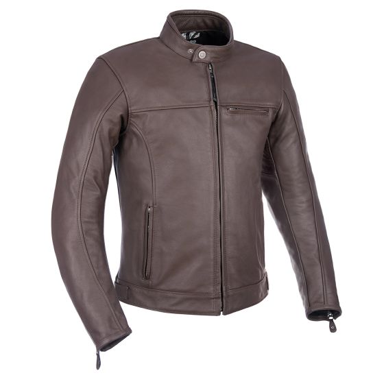 Brown leather motorcycle jacket with a high collar, zippered front, and a sleek design featuring a chest pocket and zippered cuffs.
