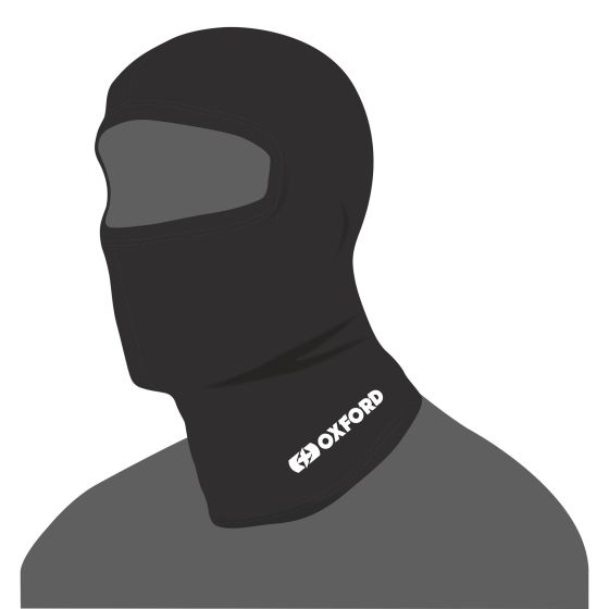 Black Oxford Warmdry balaclava made from warm, stretchy material, featuring a full face cover and a logo on the neck area for added visibility.