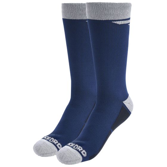 Blue waterproof motorcycle socks with a ribbed grey cuff, reinforced toe and heel, designed for UK size 8-10, featuring the Oxford logo on the sole.