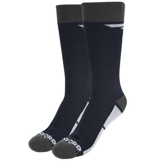 Black waterproof motorcycle socks with grey and olive green accents, featuring reinforced toe and heel areas, designed for sizes UK 4-6.