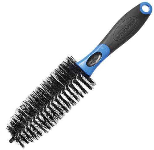 Oxford Wheely Clean Wheel Cleaning Brush features a black bristle head with a blue and black ergonomic handle, designed for effective wheel cleaning.