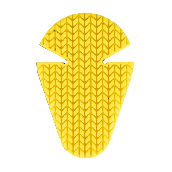 Yellow rubber elbow and knee protector insert featuring a textured tread pattern, designed for comfort and impact protection, with a cut-out design for flexibility.