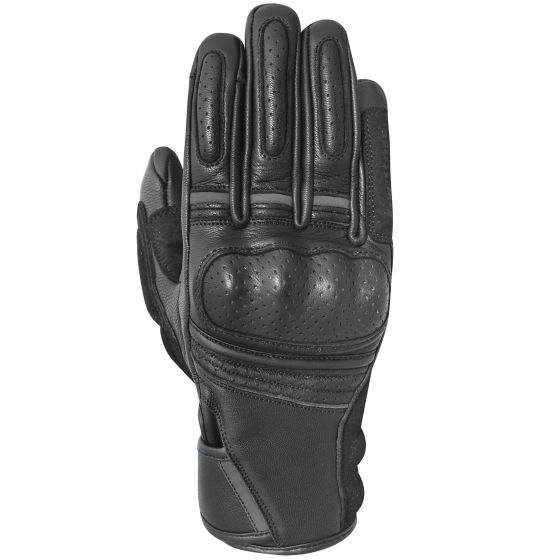 Black leather motorcycle gloves for ladies featuring perforated panels, padded knuckles, and a snug fit for enhanced grip and protection.