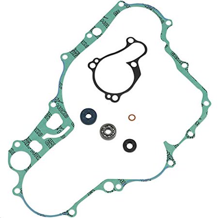 Waterpump repair kit by Athena featuring various gaskets in green and black rubber, a small bearing, and an orange O-ring, all essential for water pump maintenance.