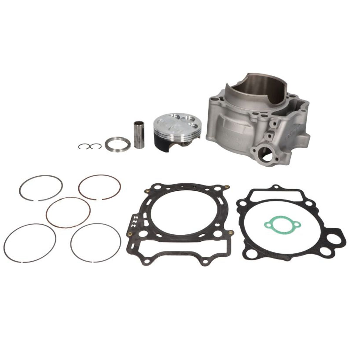 Zylinderset ATHENA P400485100046 includes a silver aluminum cylinder, piston, rings, gaskets, and various metal components, all arranged neatly for engine assembly.