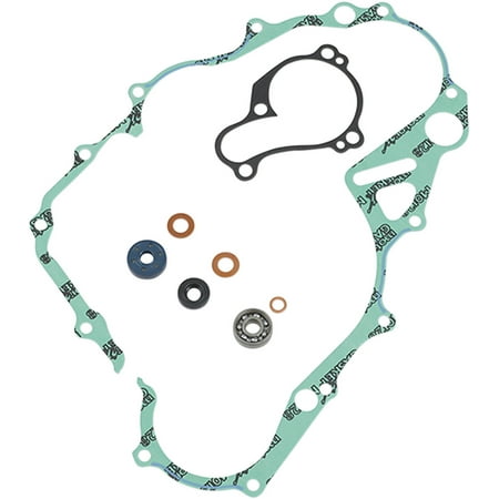 Athena Water Pump Gasket Kit (P400485475007) featuring a green gasket, rubber seals in blue and brown, and a metal bearing, designed for precise engine sealing.
