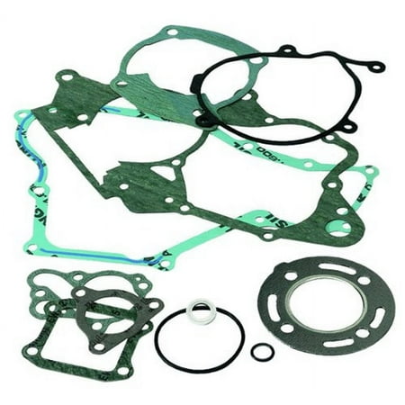 Complete engine gasket kit featuring various shapes and sizes of gaskets made from green and black materials, designed for durability and precision fitting.