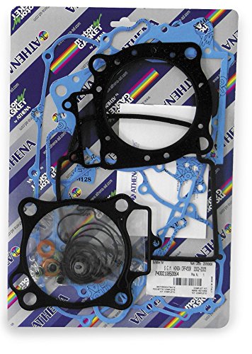 Complete gasket kit featuring various gaskets in blue and black materials, packaged with a colorful Athena logo background, designed for engine assembly without oil seals.