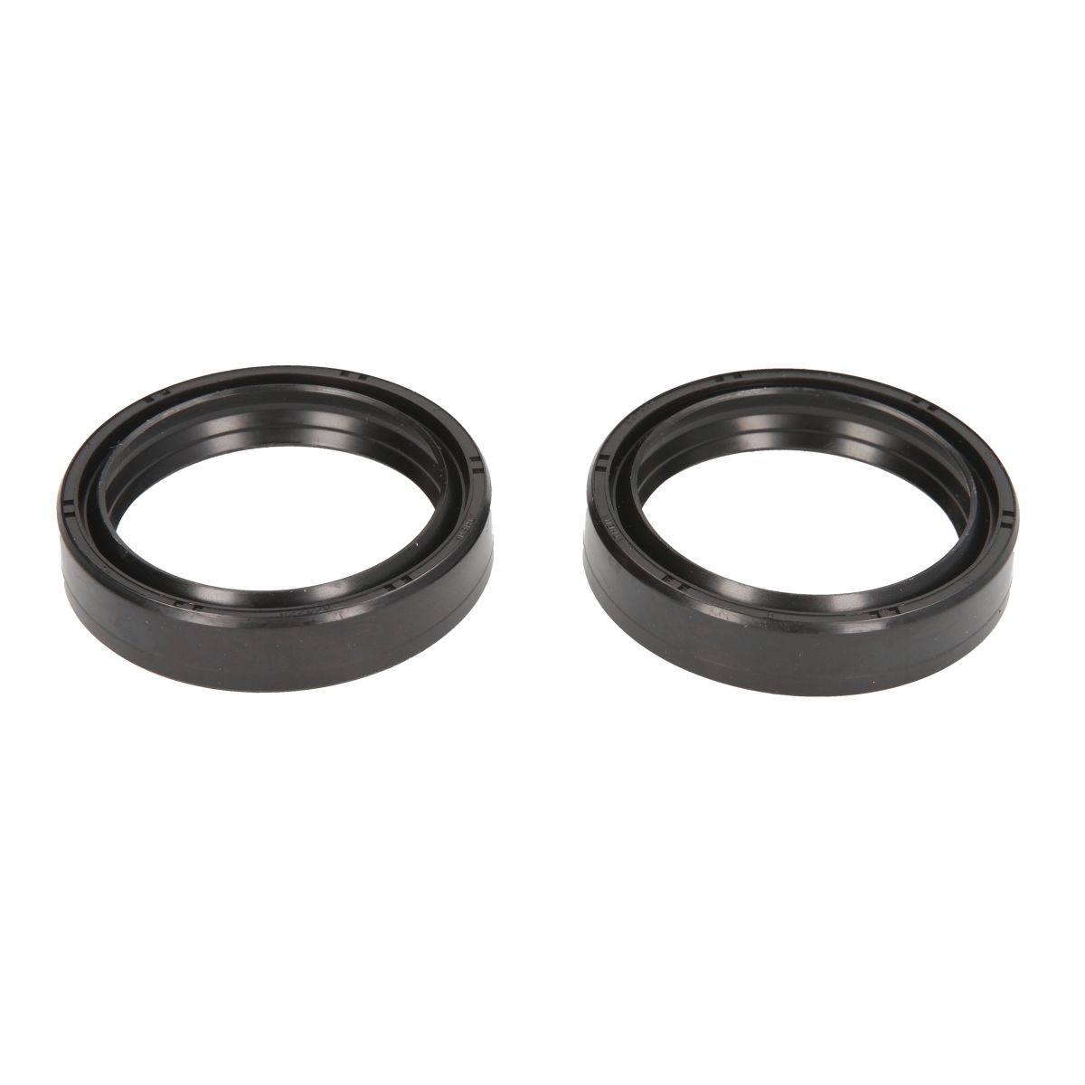 Two black rubber fork seals from Athena, model P40FORK455156, featuring a smooth surface and precise circular design for optimal fit and sealing performance.