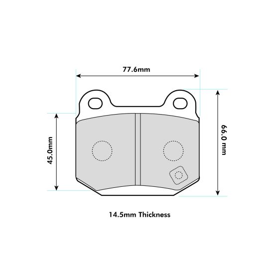 Pagid RS42 brake pads in a set of four, featuring a grey material with precise dimensions: 77.6mm width, 66.0mm height, and 14.5mm thickness, designed for high-performance braking.