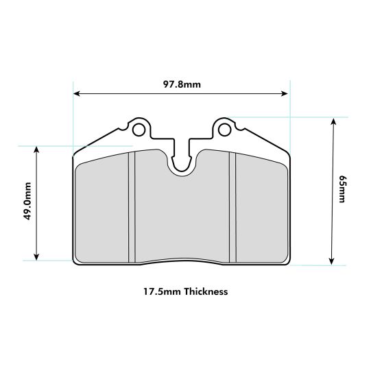 Front brake pad set in grey, featuring a rectangular shape with a cutout at the top, dimensions labeled: 97.8mm width, 49.0mm height, 17.5mm thickness, designed for Girling 16/4 calipers.