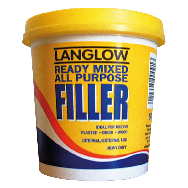 Yellow and blue tub of Langlow Ready Mixed All Purpose Filler, 1kg, labeled for use on plaster, brick, and wood, suitable for internal and external heavy-duty applications.