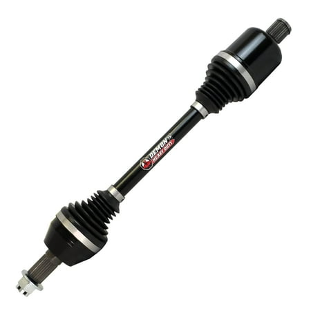 Heavy-duty rear axle for Polaris Sportsman/Scrambler, made from 4340 chromoly steel, featuring a black finish, dual heat treatment, and robust rubber boots on both ends.