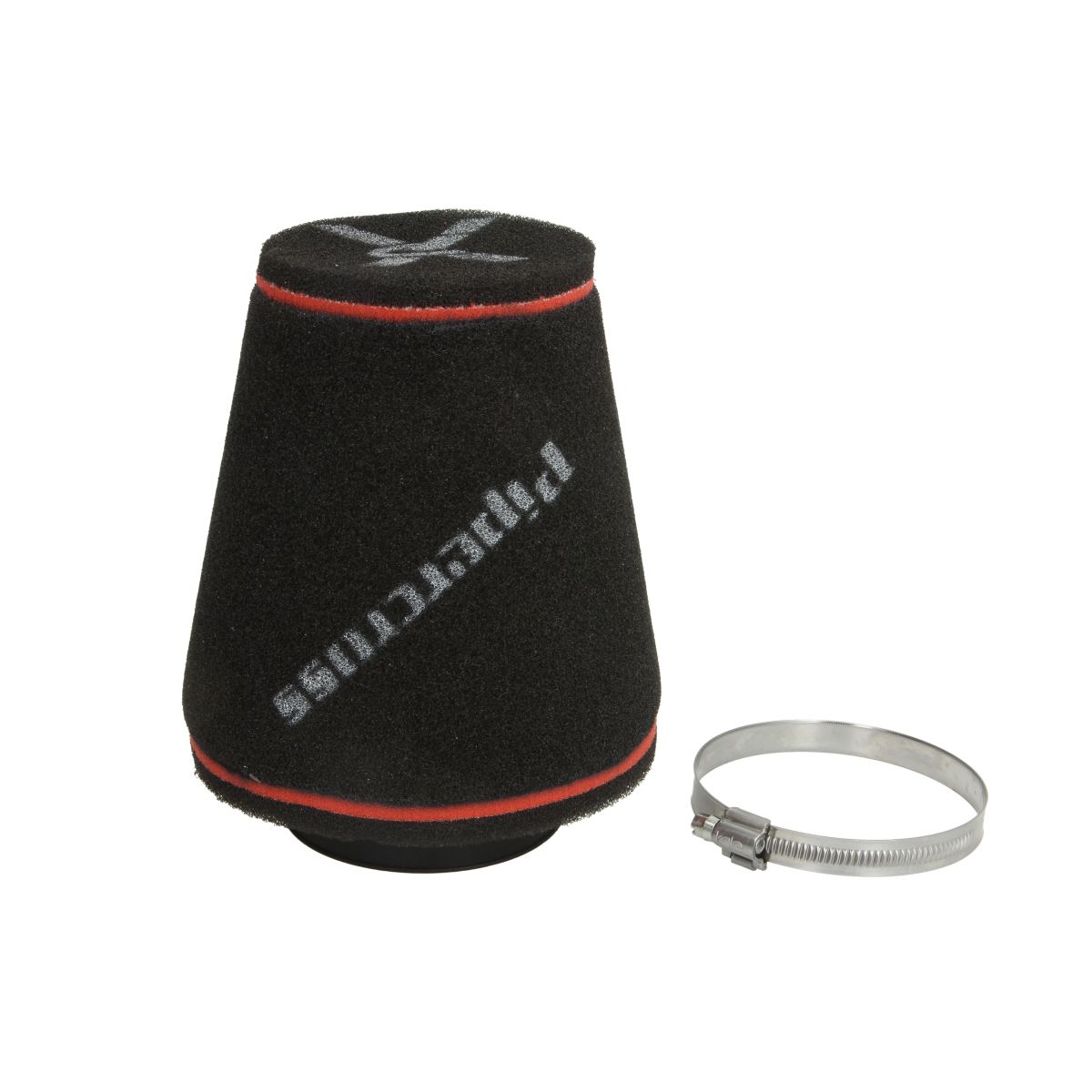 Black foam air filter with a conical shape, featuring a red trim and Pipercross logo, accompanied by a metal clamp for secure attachment.