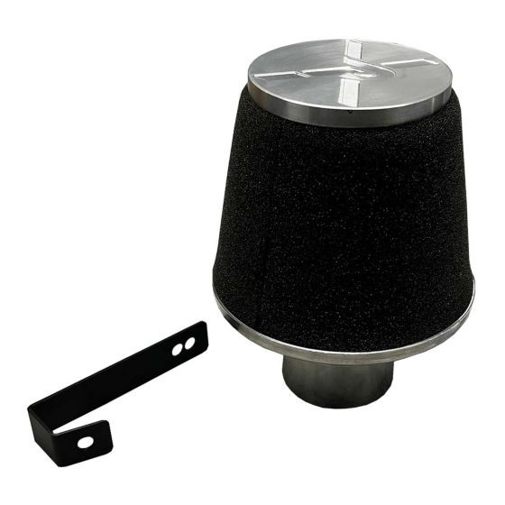 Pipercross Performance Induction Kit featuring a black foam filter, a silver metal top, and a metal mounting bracket for easy installation.