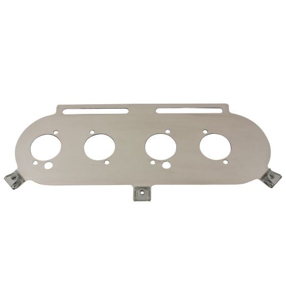 Silver metal baseplate with four circular openings, designed for twin carburettors or throttle bodies, featuring mounting points for Alfa Romeo Twin Cam DCOE/DHLA applications.