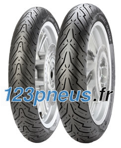 Black Pirelli Angel Scooter tire with a 110/70-13 size, featuring a tread pattern designed for grip, mounted on a silver alloy wheel, suitable for front wheel use.