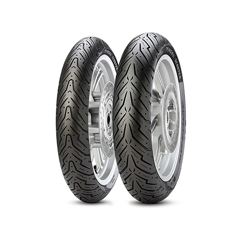 Two Pirelli Angel Scooter tires, featuring a black rubber surface with intricate tread patterns, mounted on silver alloy wheels, designed for enhanced grip and performance.