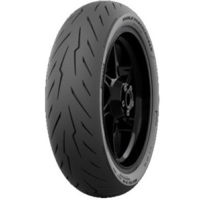 Black motorcycle tire with a sleek design, featuring a pronounced tread pattern and the "Diablo Powercruiser" branding on the sidewall.
