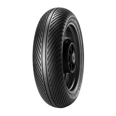 Black motorcycle tire with a slick surface and deep grooves, labeled "Pirelli Diablo Rain," designed for Moto3, size 100/70 R17, featuring a front wheel compound SCR1.