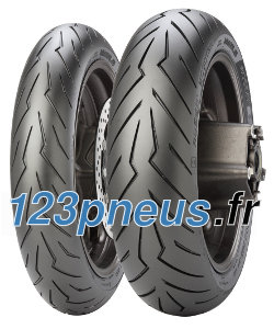 Black Pirelli Diablo Rosso Scooter SC tire with a 140/70-14 size, featuring a distinctive tread pattern and a sleek design, suitable for rear wheels of scooters.