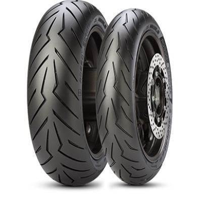 Two Pirelli Diablo Rosso Scooter SC tires featuring a sleek black rubber design with a distinctive tread pattern, ideal for enhanced grip and performance on scooters.
