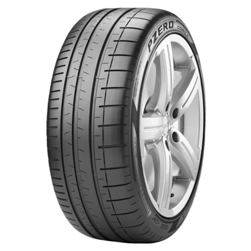 Black high-performance tire with a sleek tread pattern, labeled "P ZERO CORSA PZC4," sized 255/30 ZR20 (92Y) XL HP, featuring a shiny silver alloy wheel.