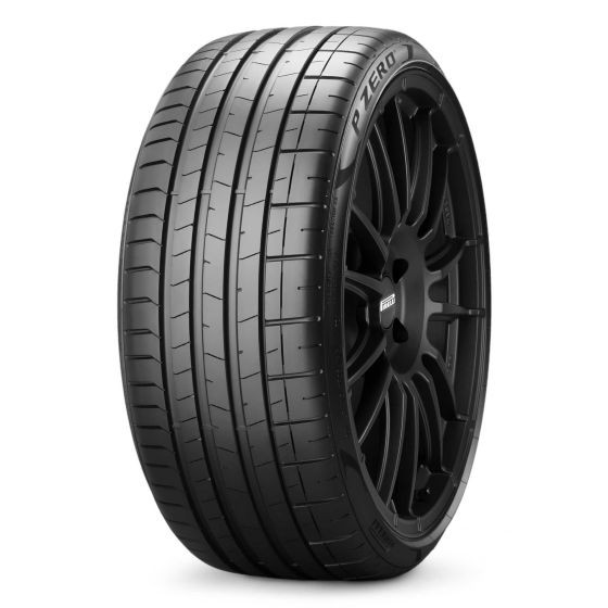 Black Pirelli P Zero PZ4 SC tire featuring a sleek, high-performance tread pattern and a glossy black alloy wheel with multiple spokes.