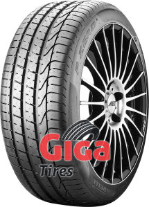 Black summer tire with a sleek tread pattern, labeled "Pirelli P ZERO MO 325/35 R22 110Y," featuring a shiny alloy wheel and the Giga Tires logo prominently displayed.