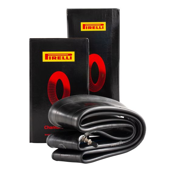 Two black Pirelli Road Inner Tubes packaged in sleek black boxes with red Pirelli logos, featuring a smooth rubber texture and valve stems visible.