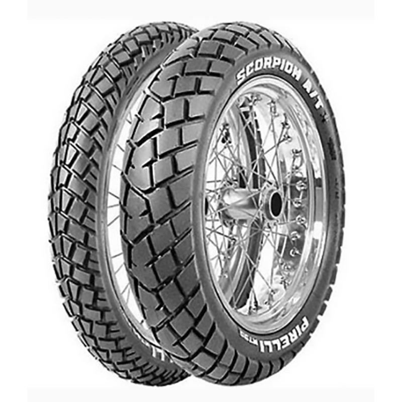 Black rubber motorcycle tire with a rugged tread pattern, featuring the "SCORPION MT90" branding in white, designed for front wheel use, size 90/90-21.
