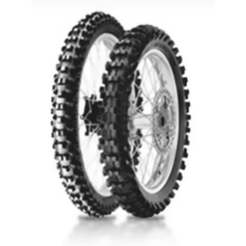 Two black Pirelli motorcycle tires with a rugged tread pattern, designed for off-road use, showcasing a durable rubber material and a wire bead for secure mounting.