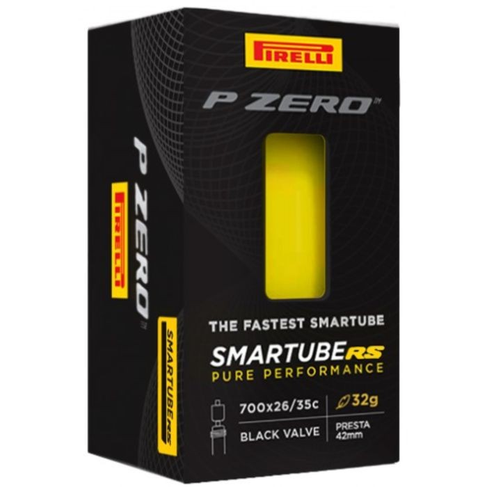 Black box packaging of Pirelli P Zero SmarTube RS, featuring yellow accents, labeled with size 700x26-35mm and 42mm Presta valve, emphasizing performance and lightweight design.