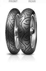 Pirelli Sport Demon motorcycle tire, size 110/80-18, featuring a sleek black rubber tread design with a silver rim, displayed alongside a rear tire for comparison.