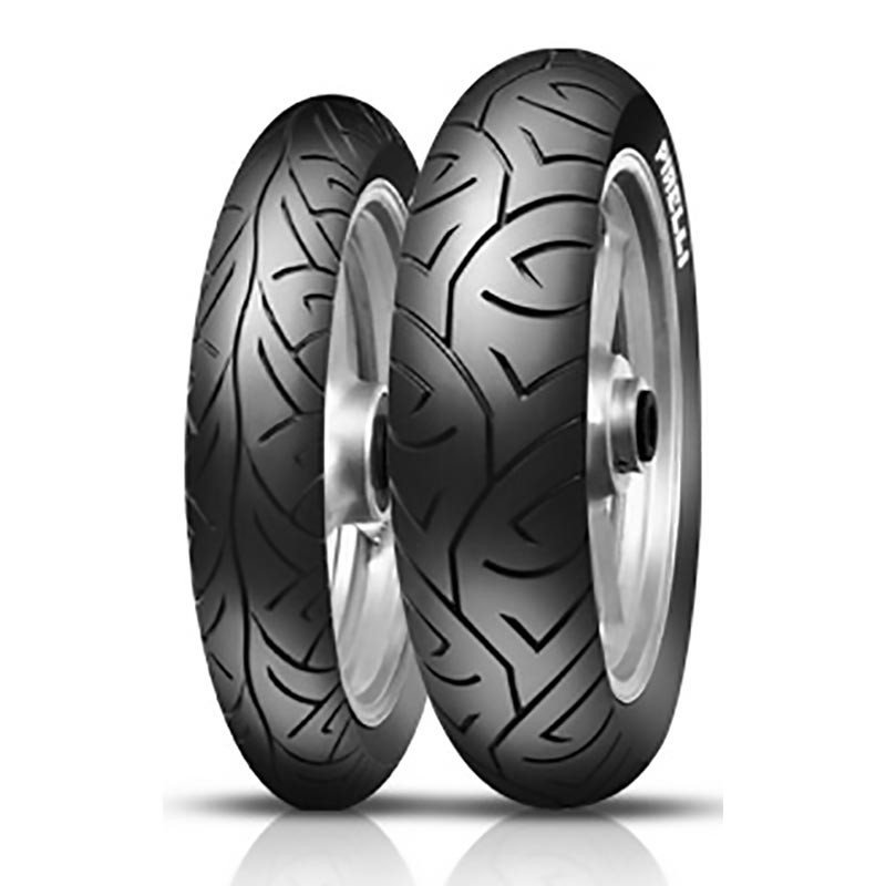 Pirelli Sport Demon motorcycle tire in size 130/70-16, featuring a black rubber tread with a distinctive pattern and a silver alloy wheel rim.