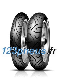 Two Pirelli "Sport Demon" motorcycle tires, featuring a black rubber surface with a distinctive tread pattern, showcasing a sleek design and silver alloy rims.