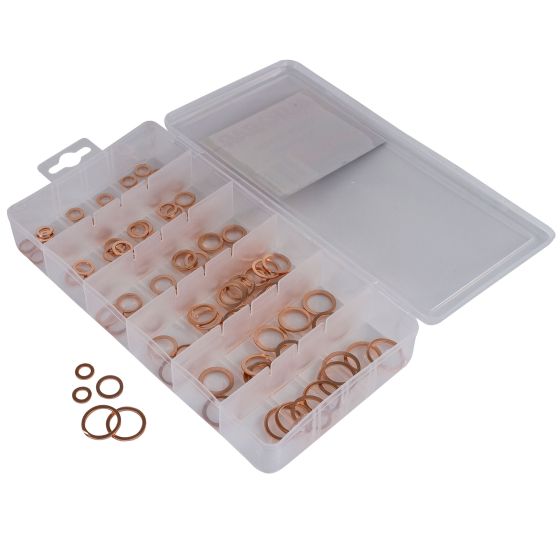 Copper washer assortment in a clear plastic organizer, featuring 100 gold-colored washers of various sizes, neatly arranged in separate compartments.